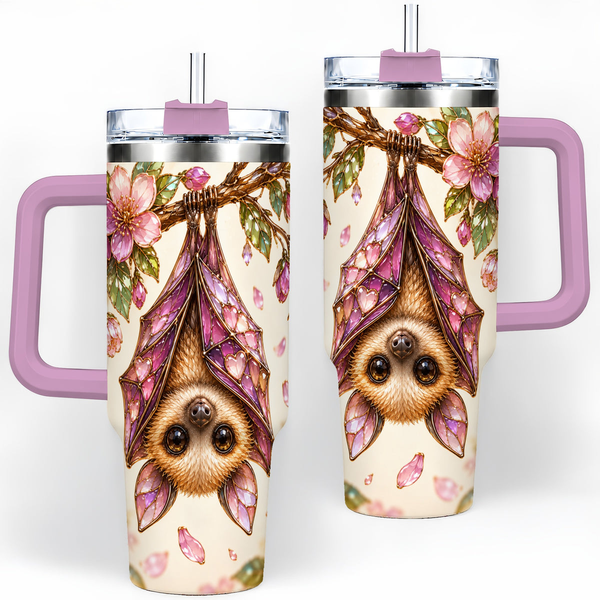 #pl[40oz|Pink] Pink Blossom Bat Tumbler, 40oz Tumbler with Floral Artwork