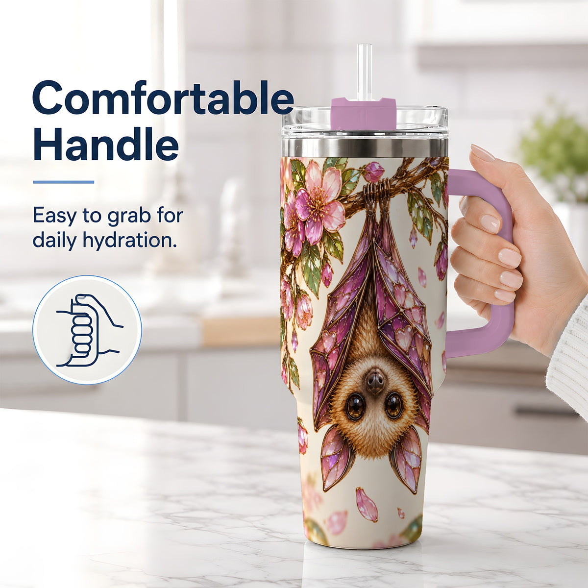 #pl[40oz|Pink] Pink Blossom Bat Tumbler, 40oz Tumbler with Floral Artwork
