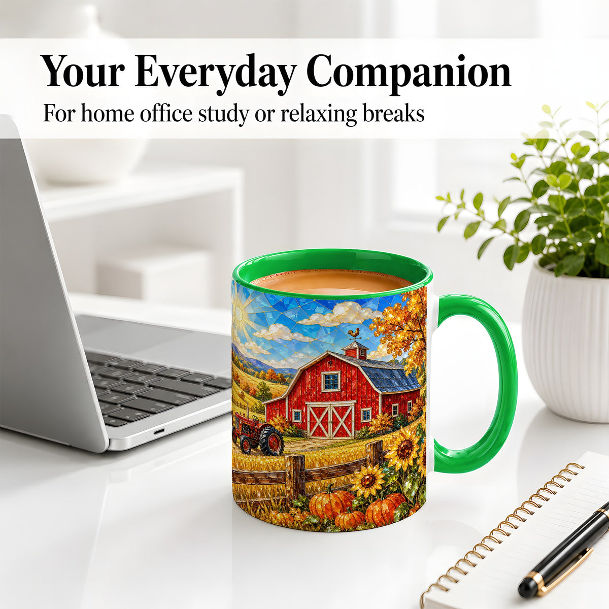 #pl[11oz|Green] Autumn Farm Barn Accent Mug, Mug with Tractor Harvest Artwork