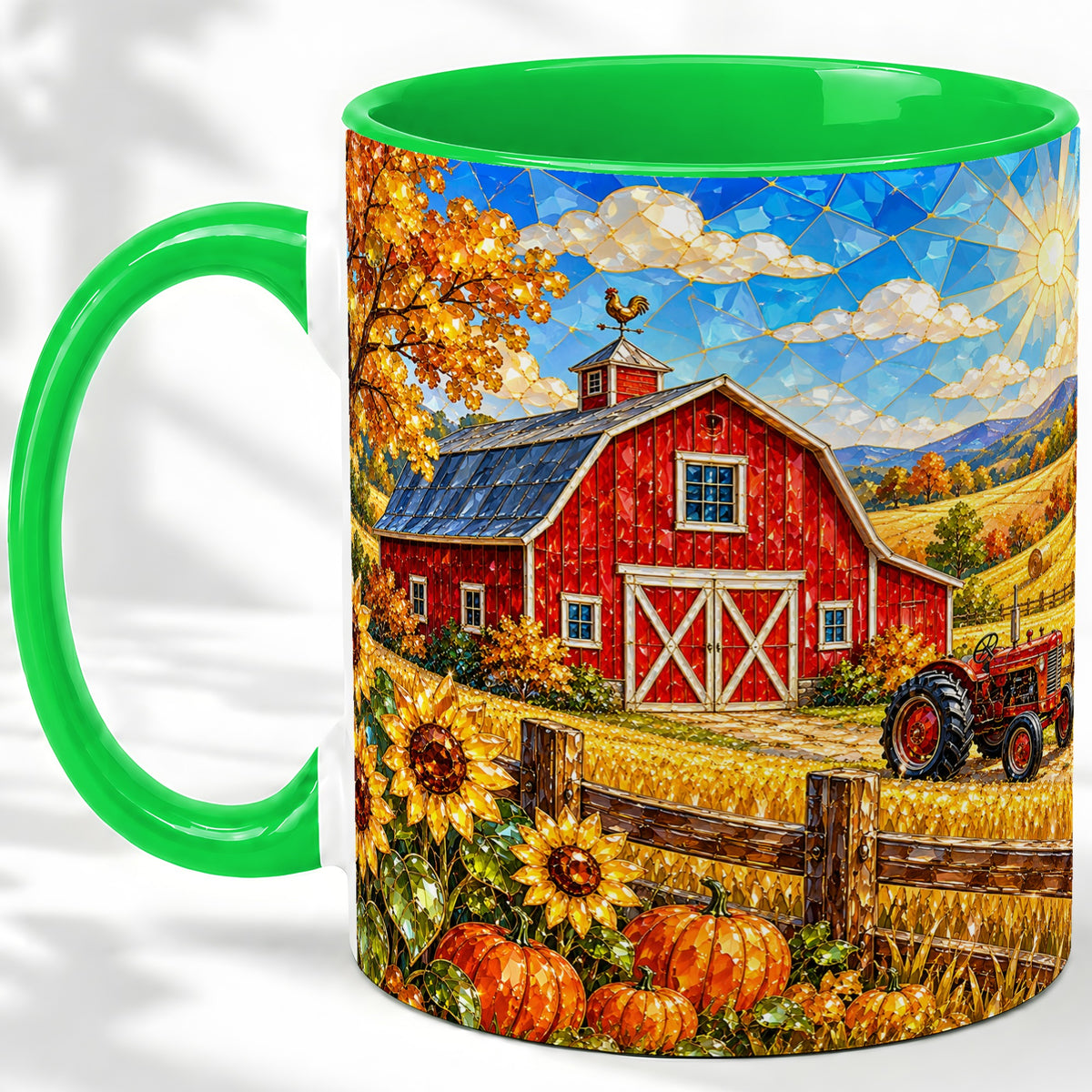 #pl[11oz|Green] Autumn Farm Barn Accent Mug, Mug with Tractor Harvest Artwork