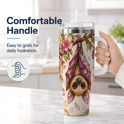 #pl[40oz|White] Pink Blossom Bat Tumbler, 40oz Tumbler with Floral Artwork