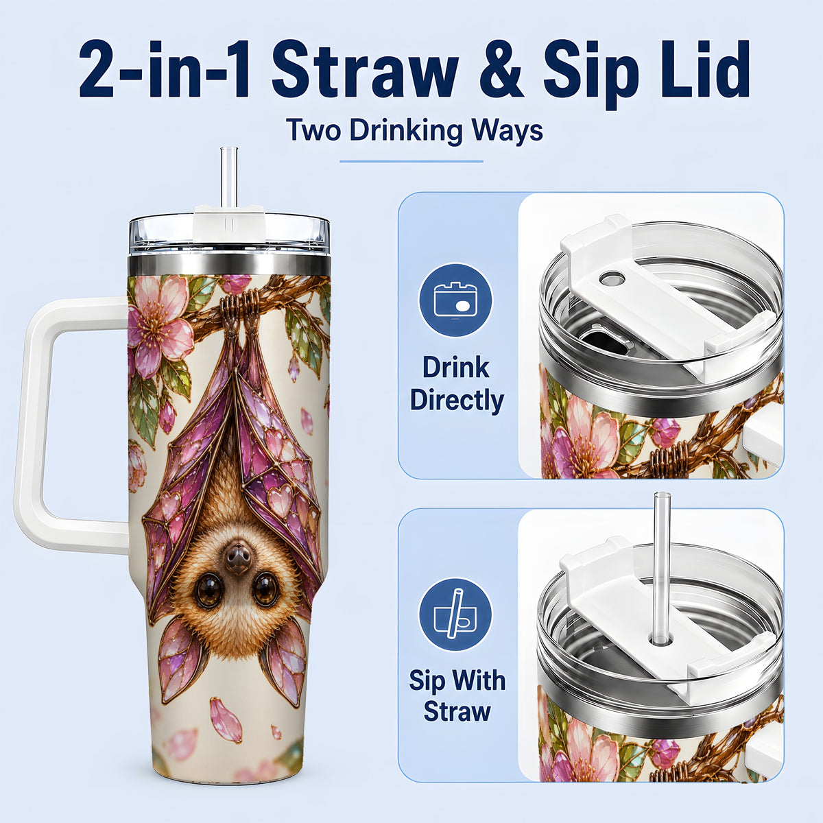 #pl[40oz|White] Pink Blossom Bat Tumbler, 40oz Tumbler with Floral Artwork