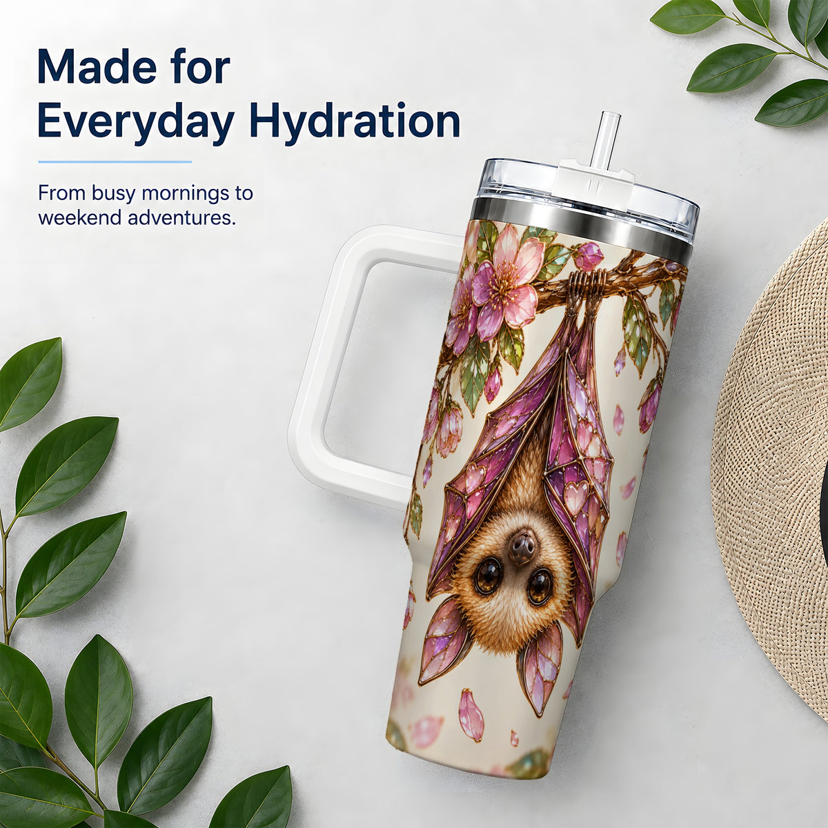 Pink Blossom Bat Tumbler, 40oz Tumbler with Floral Artwork