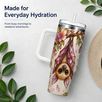 Pink Blossom Bat Tumbler, 40oz Tumbler with Floral Artwork