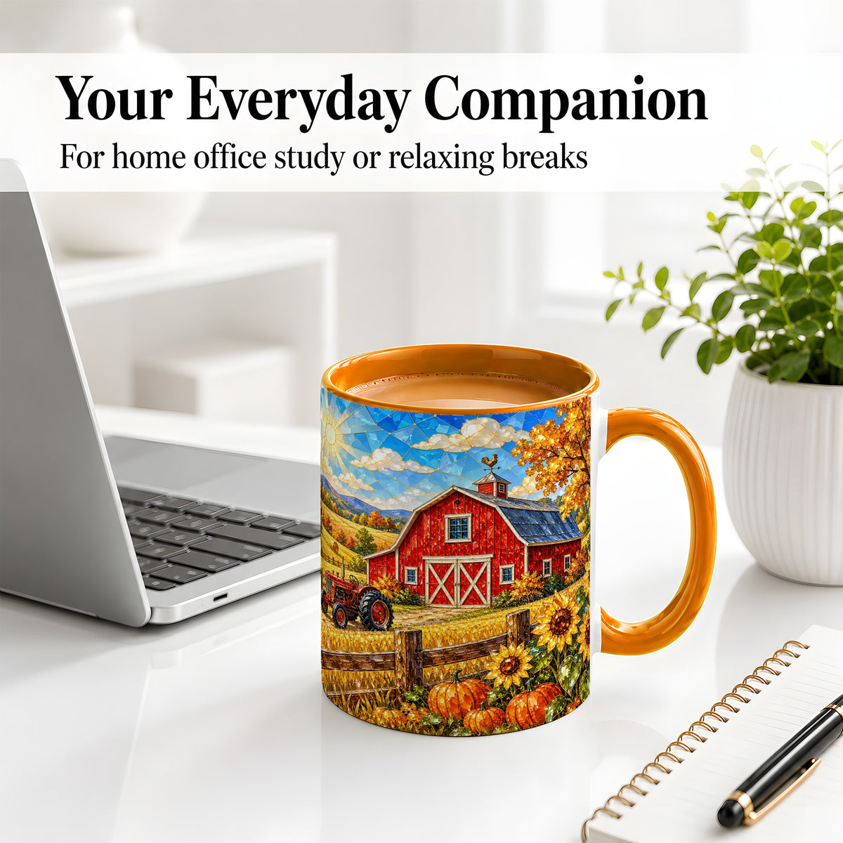 #pl[11oz|Orange] Autumn Farm Barn Accent Mug, Mug with Tractor Harvest Artwork