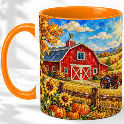 #pl[11oz|Orange] Autumn Farm Barn Accent Mug, Mug with Tractor Harvest Artwork