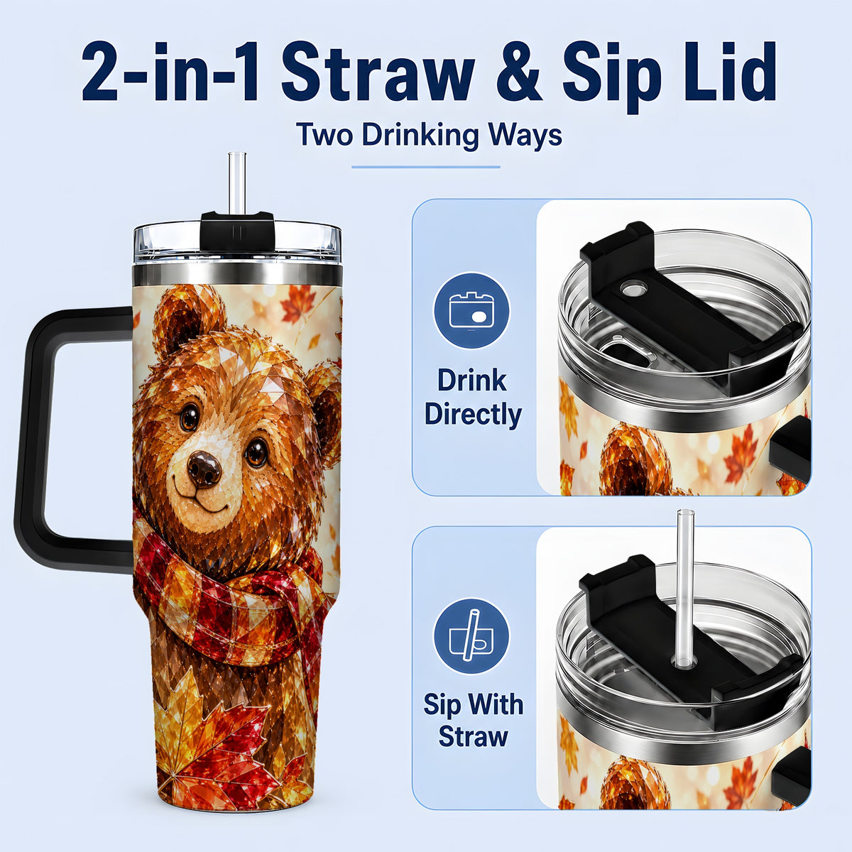 #pl[40oz|Black] Woodland Bear Tumbler, 40oz Tumbler with Autumn Maple Artwork