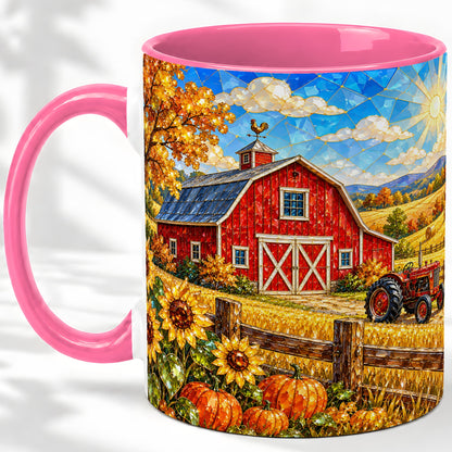 #pl[11oz|Pink] Autumn Farm Barn Accent Mug, Mug with Tractor Harvest Artwork