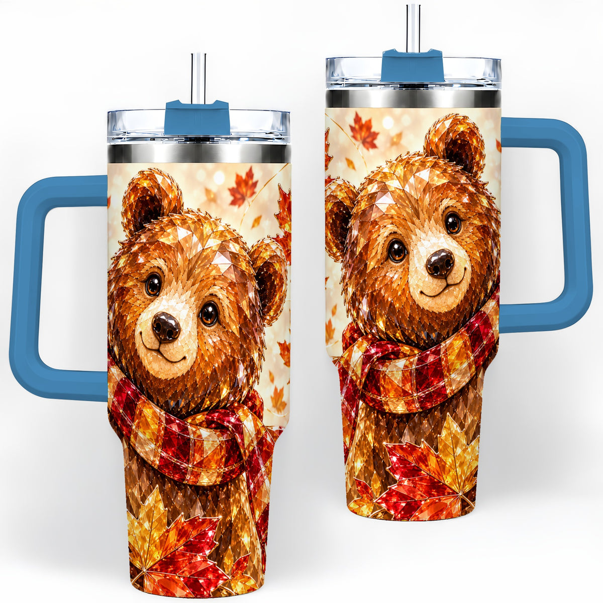 #pl[40oz|Blue] Woodland Bear Tumbler, 40oz Tumbler with Autumn Maple Artwork