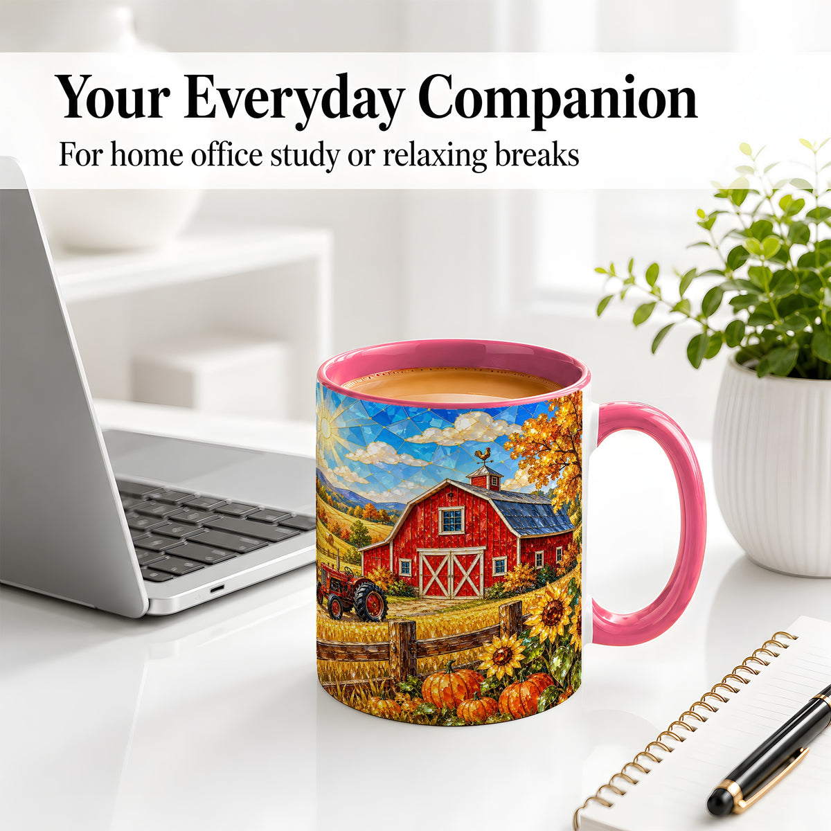 #pl[11oz|Pink] Autumn Farm Barn Accent Mug, Mug with Tractor Harvest Artwork