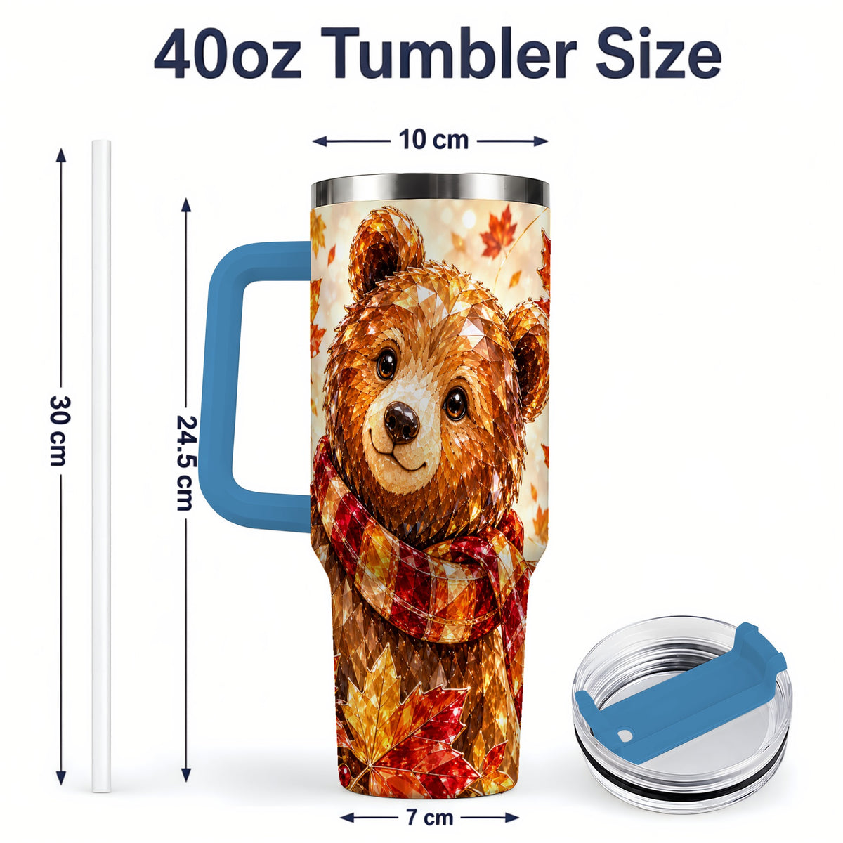 #pl[40oz|Blue] Woodland Bear Tumbler, 40oz Tumbler with Autumn Maple Artwork