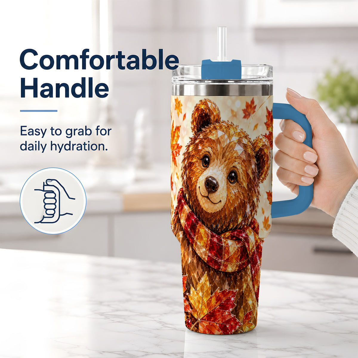 #pl[40oz|Blue] Woodland Bear Tumbler, 40oz Tumbler with Autumn Maple Artwork