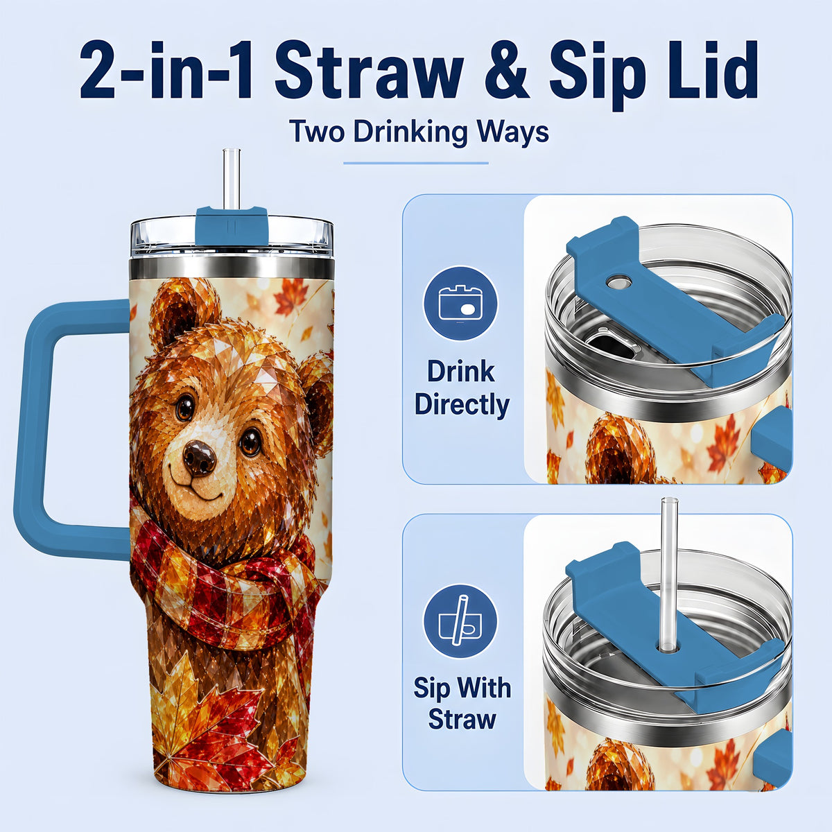 #pl[40oz|Blue] Woodland Bear Tumbler, 40oz Tumbler with Autumn Maple Artwork
