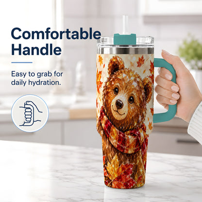 #pl[40oz|Green] Woodland Bear Tumbler, 40oz Tumbler with Autumn Maple Artwork