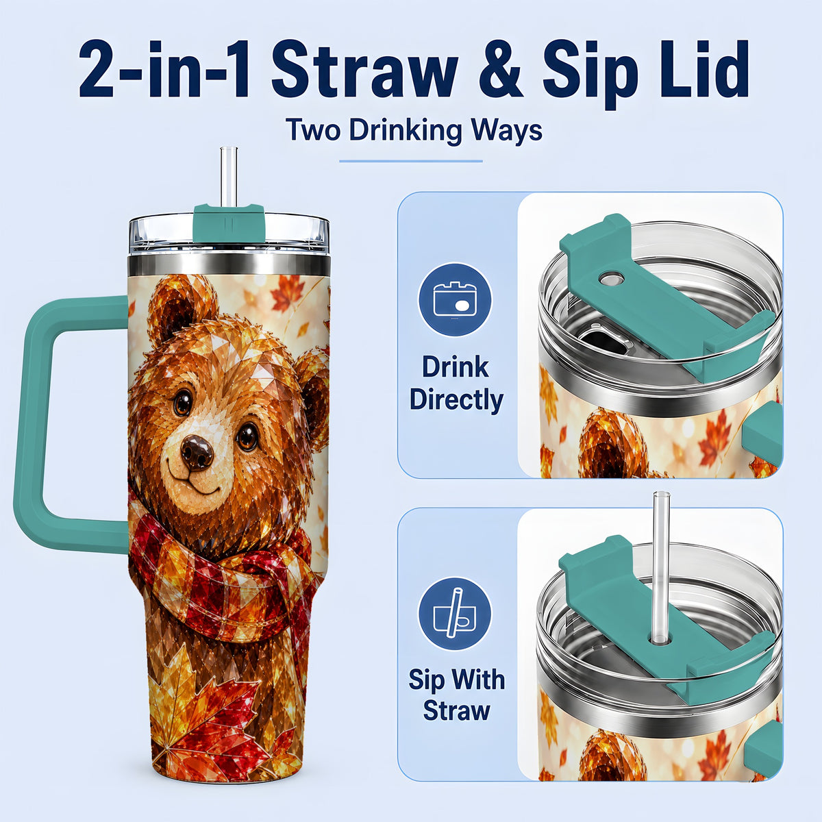 #pl[40oz|Green] Woodland Bear Tumbler, 40oz Tumbler with Autumn Maple Artwork