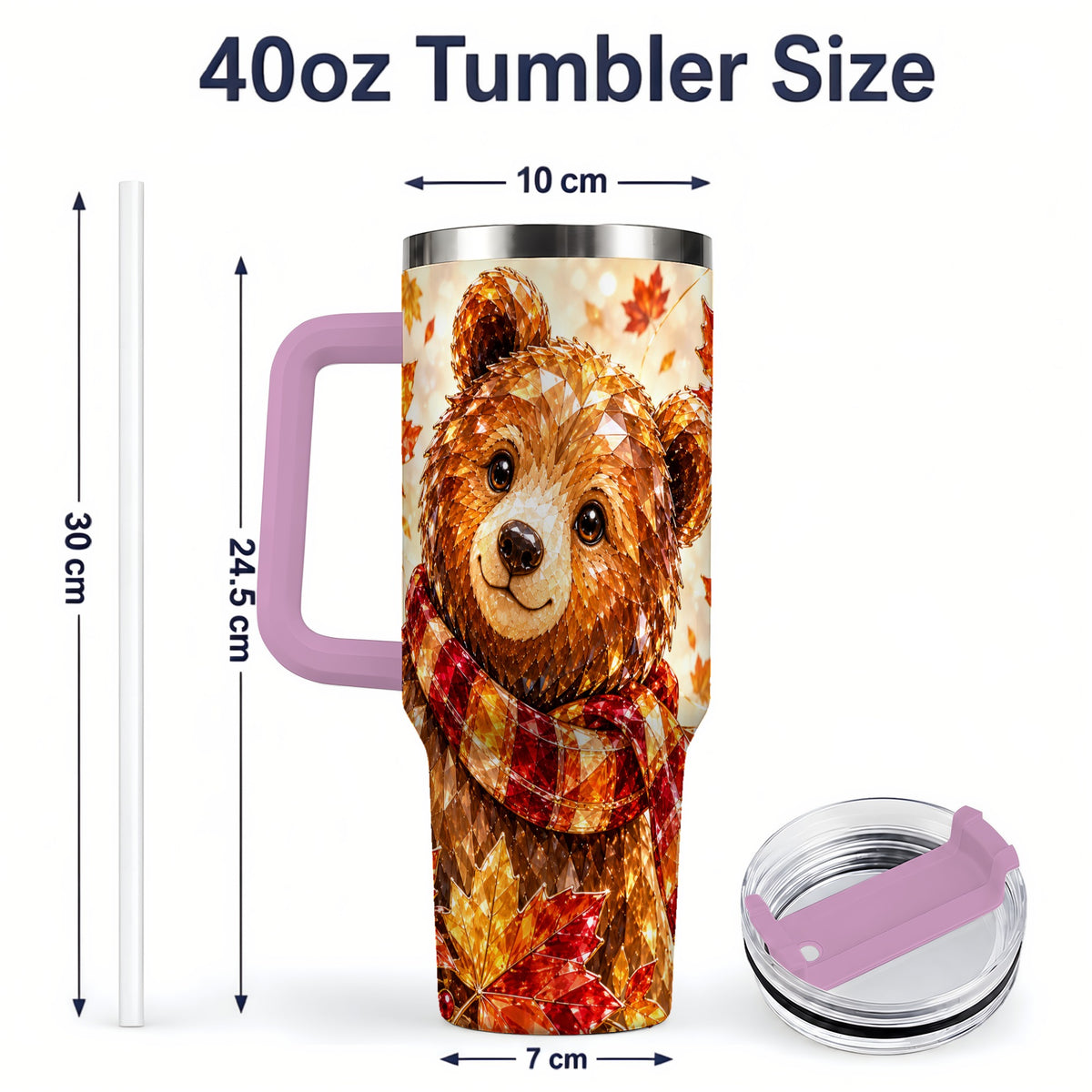 #pl[40oz|Pink] Woodland Bear Tumbler, 40oz Tumbler with Autumn Maple Artwork