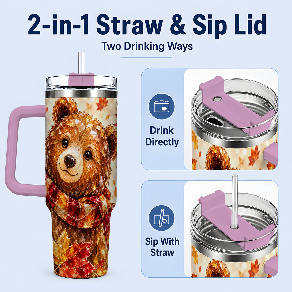 #pl[40oz|Pink] Woodland Bear Tumbler, 40oz Tumbler with Autumn Maple Artwork