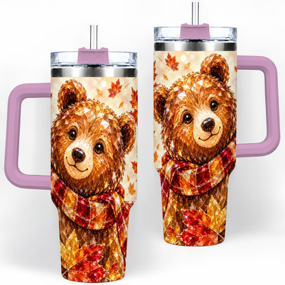 #pl[40oz|Pink] Woodland Bear Tumbler, 40oz Tumbler with Autumn Maple Artwork
