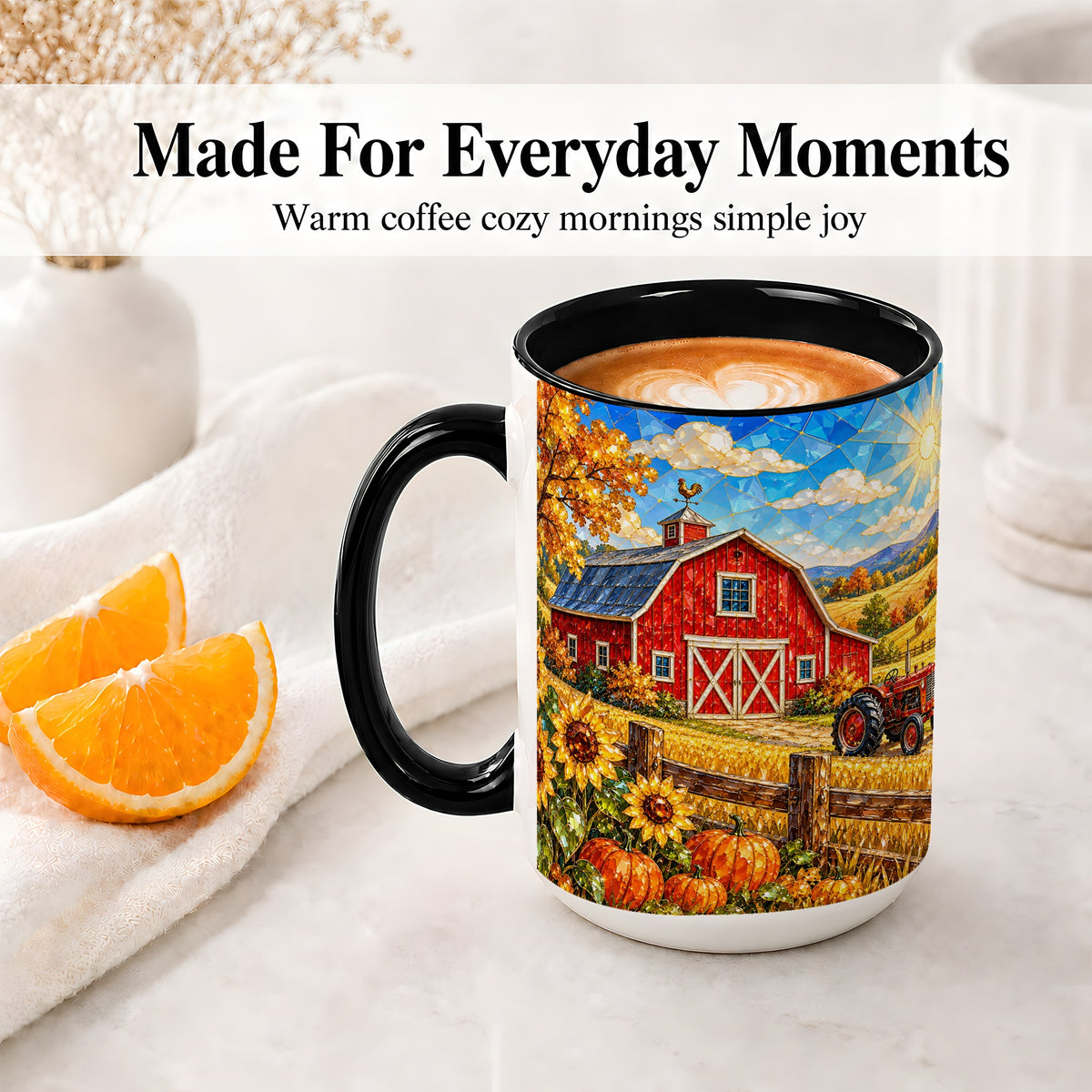#pl[15oz|Black] Autumn Farm Barn Accent Mug, Mug with Tractor Harvest Artwork