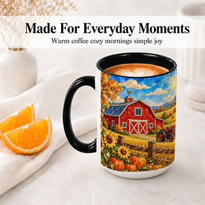 #pl[15oz|Black] Autumn Farm Barn Accent Mug, Mug with Tractor Harvest Artwork