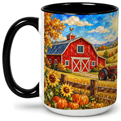 #pl[15oz|Black] Autumn Farm Barn Accent Mug, Mug with Tractor Harvest Artwork