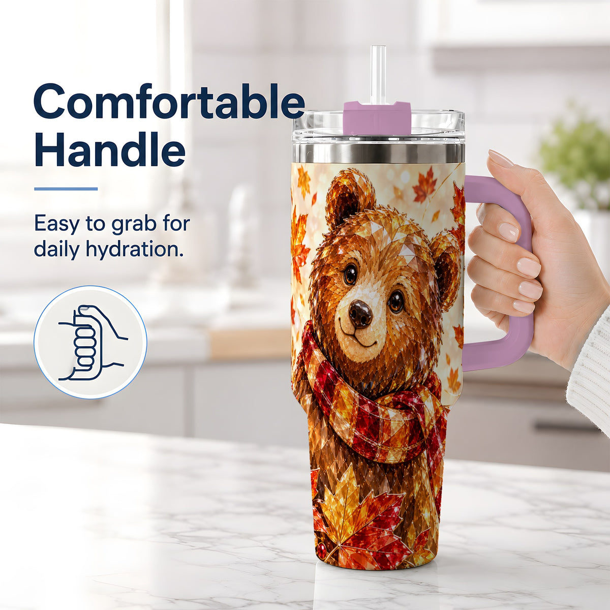 #pl[40oz|Pink] Woodland Bear Tumbler, 40oz Tumbler with Autumn Maple Artwork