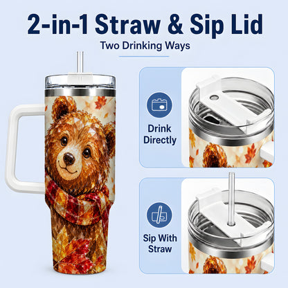 #pl[40oz|White] Woodland Bear Tumbler, 40oz Tumbler with Autumn Maple Artwork