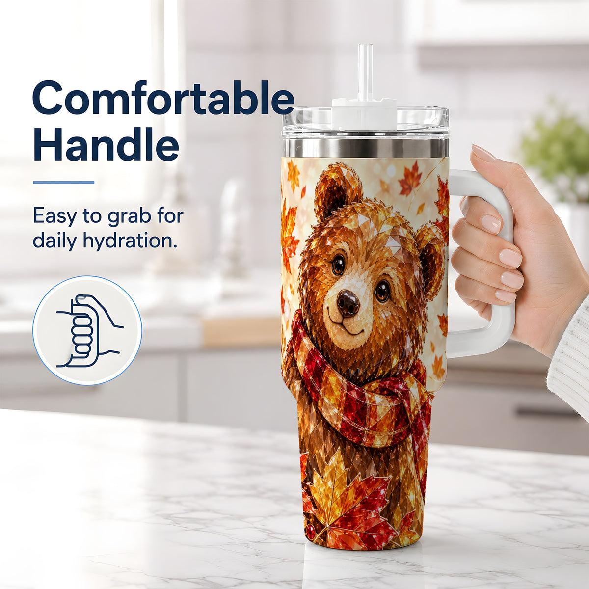 #pl[40oz|White] Woodland Bear Tumbler, 40oz Tumbler with Autumn Maple Artwork