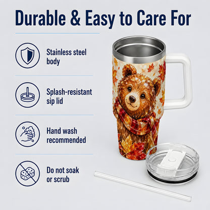 Woodland Bear Tumbler, 40oz Tumbler with Autumn Maple Artwork