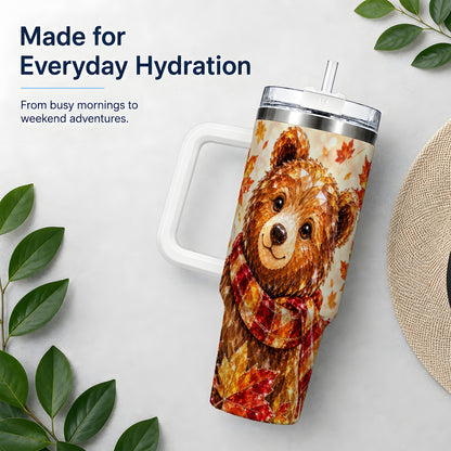 Woodland Bear Tumbler, 40oz Tumbler with Autumn Maple Artwork