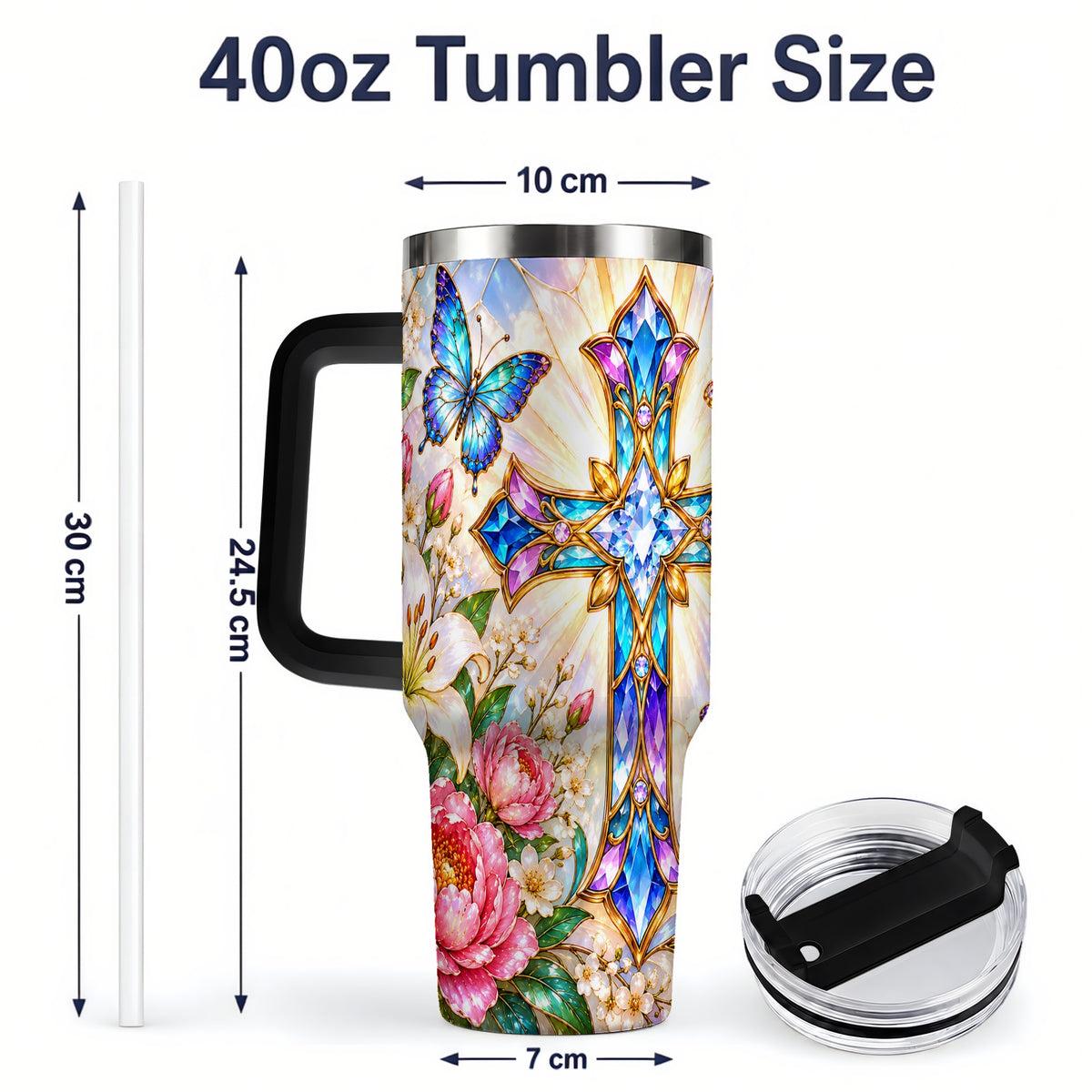 #pl[40oz|Black] Butterfly Cross Tumbler, 40oz Tumbler with Floral Lily Artwork