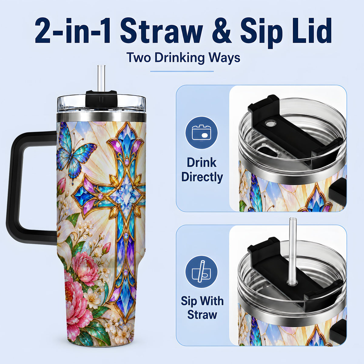 #pl[40oz|Black] Butterfly Cross Tumbler, 40oz Tumbler with Floral Lily Artwork