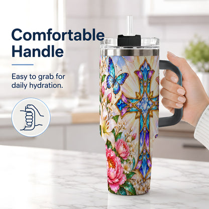 #pl[40oz|Black] Butterfly Cross Tumbler, 40oz Tumbler with Floral Lily Artwork