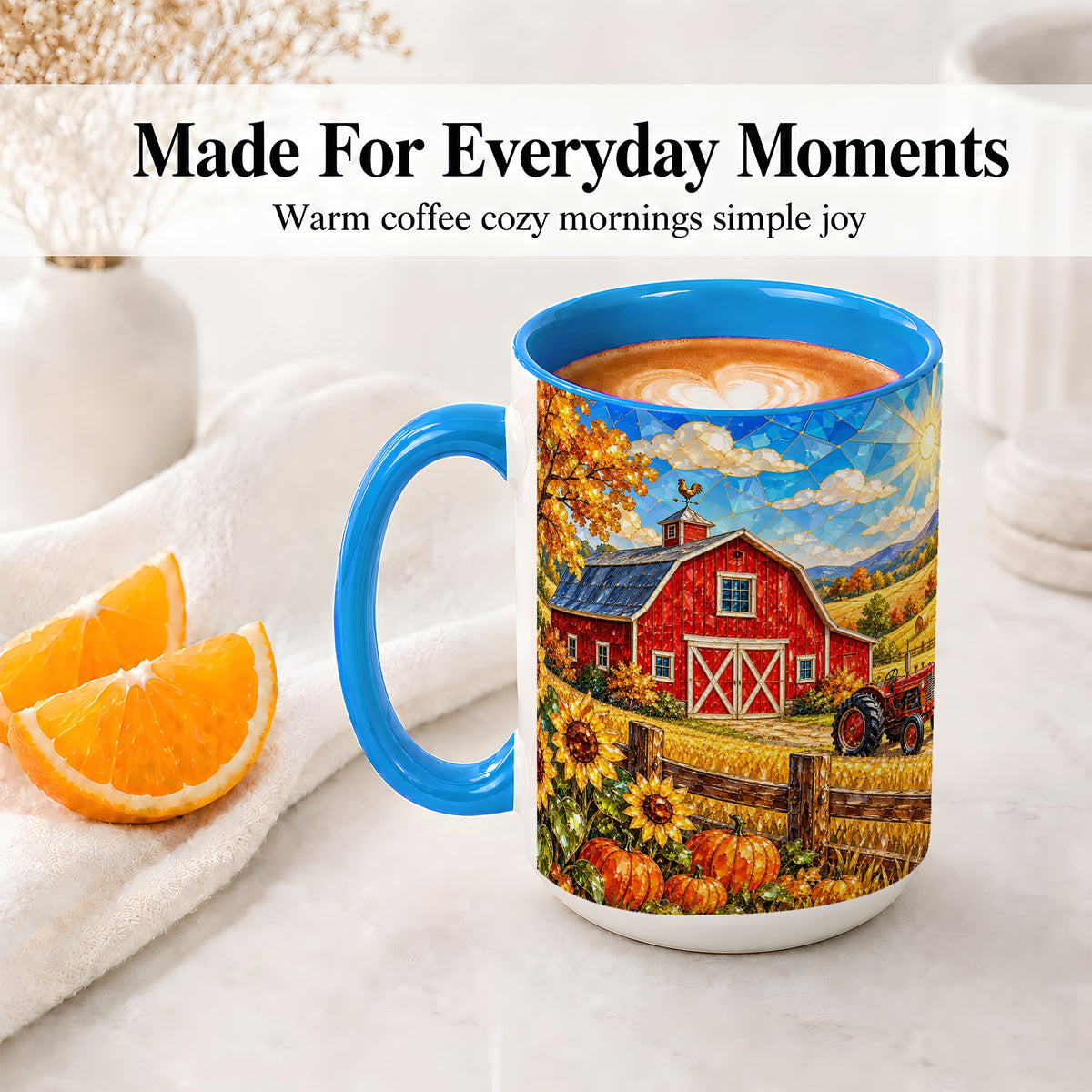 #pl[15oz|Blue] Autumn Farm Barn Accent Mug, Mug with Tractor Harvest Artwork