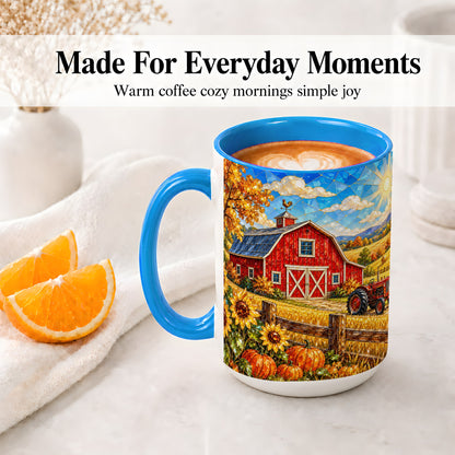 #pl[15oz|Blue] Autumn Farm Barn Accent Mug, Mug with Tractor Harvest Artwork