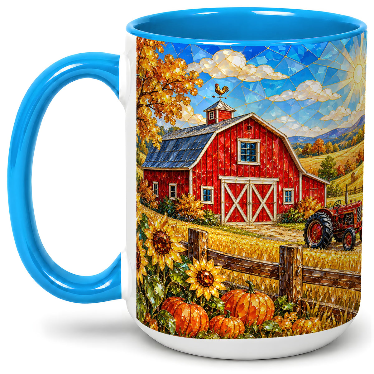 #pl[15oz|Blue] Autumn Farm Barn Accent Mug, Mug with Tractor Harvest Artwork