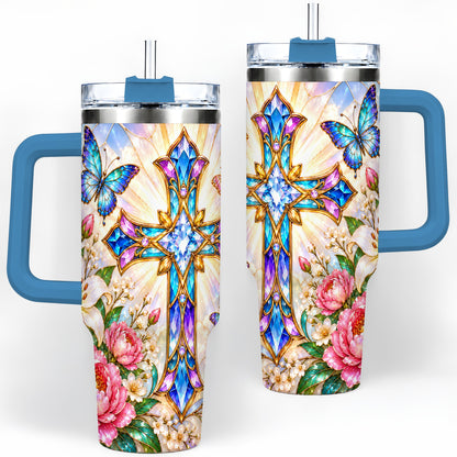 #pl[40oz|Blue] Butterfly Cross Tumbler, 40oz Tumbler with Floral Lily Artwork