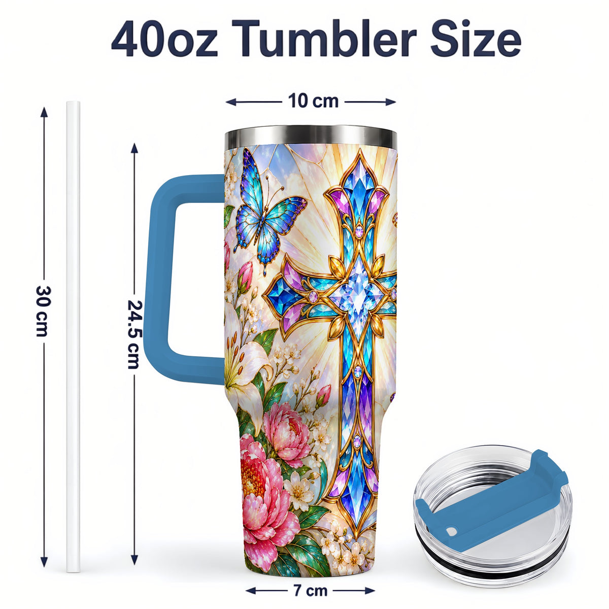 #pl[40oz|Blue] Butterfly Cross Tumbler, 40oz Tumbler with Floral Lily Artwork