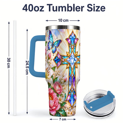 #pl[40oz|Blue] Butterfly Cross Tumbler, 40oz Tumbler with Floral Lily Artwork