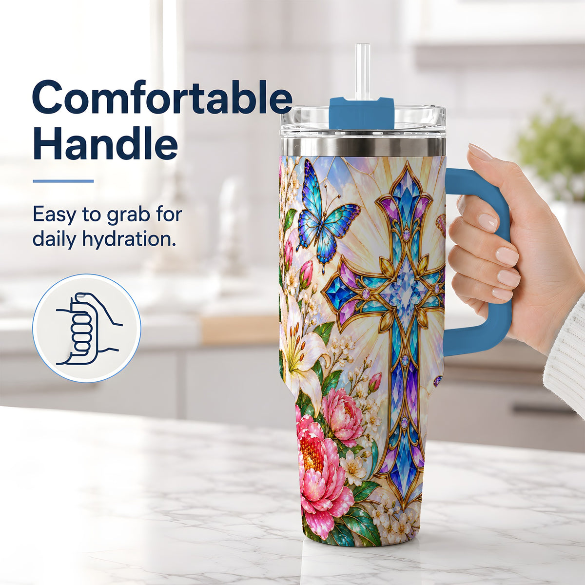 #pl[40oz|Blue] Butterfly Cross Tumbler, 40oz Tumbler with Floral Lily Artwork