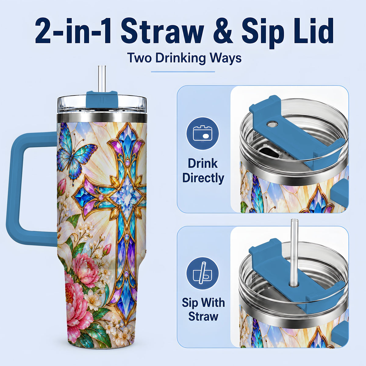 #pl[40oz|Blue] Butterfly Cross Tumbler, 40oz Tumbler with Floral Lily Artwork
