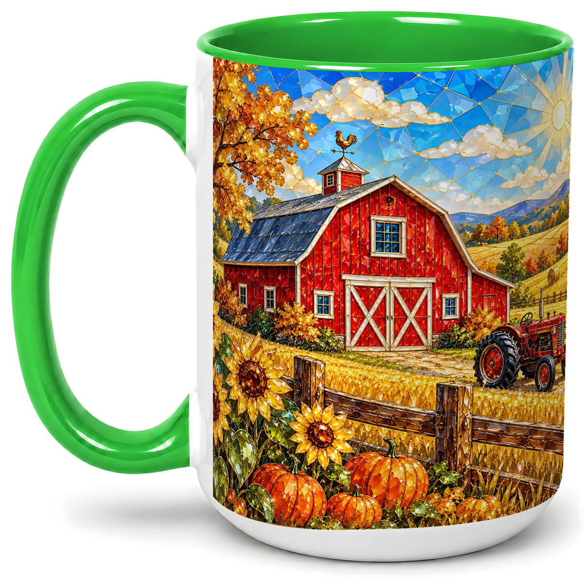 #pl[15oz|Green] Autumn Farm Barn Accent Mug, Mug with Tractor Harvest Artwork