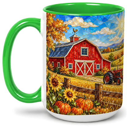 #pl[15oz|Green] Autumn Farm Barn Accent Mug, Mug with Tractor Harvest Artwork