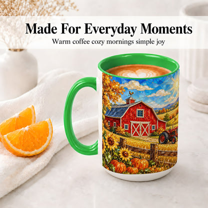 #pl[15oz|Green] Autumn Farm Barn Accent Mug, Mug with Tractor Harvest Artwork