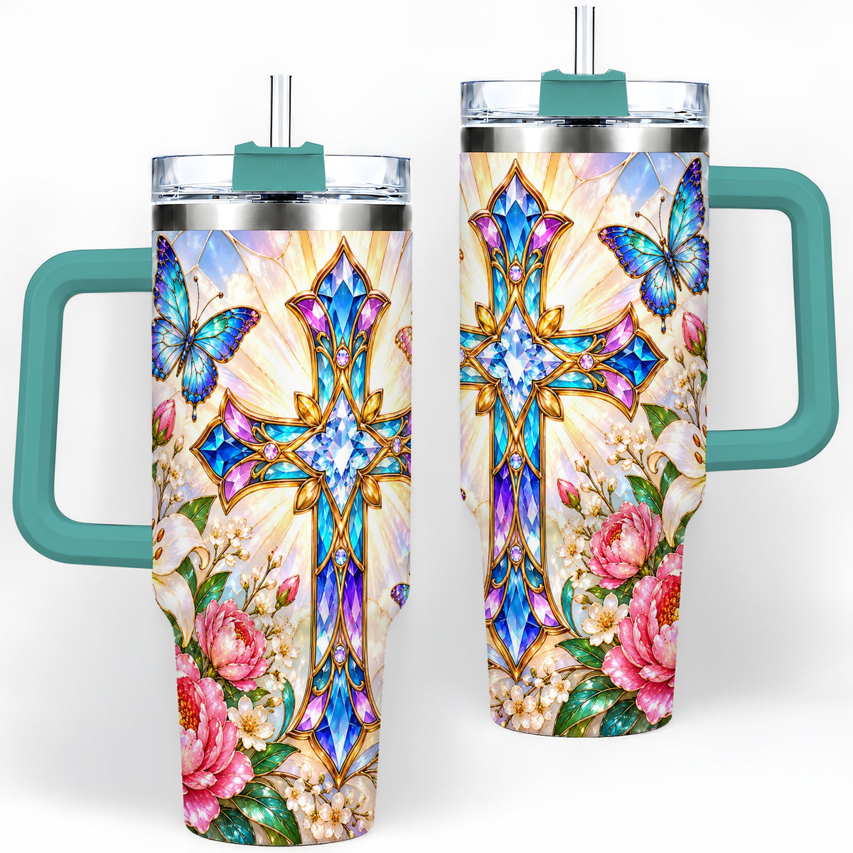 #pl[40oz|Green] Butterfly Cross Tumbler, 40oz Tumbler with Floral Lily Artwork