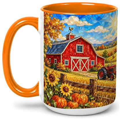 #pl[15oz|Orange] Autumn Farm Barn Accent Mug, Mug with Tractor Harvest Artwork