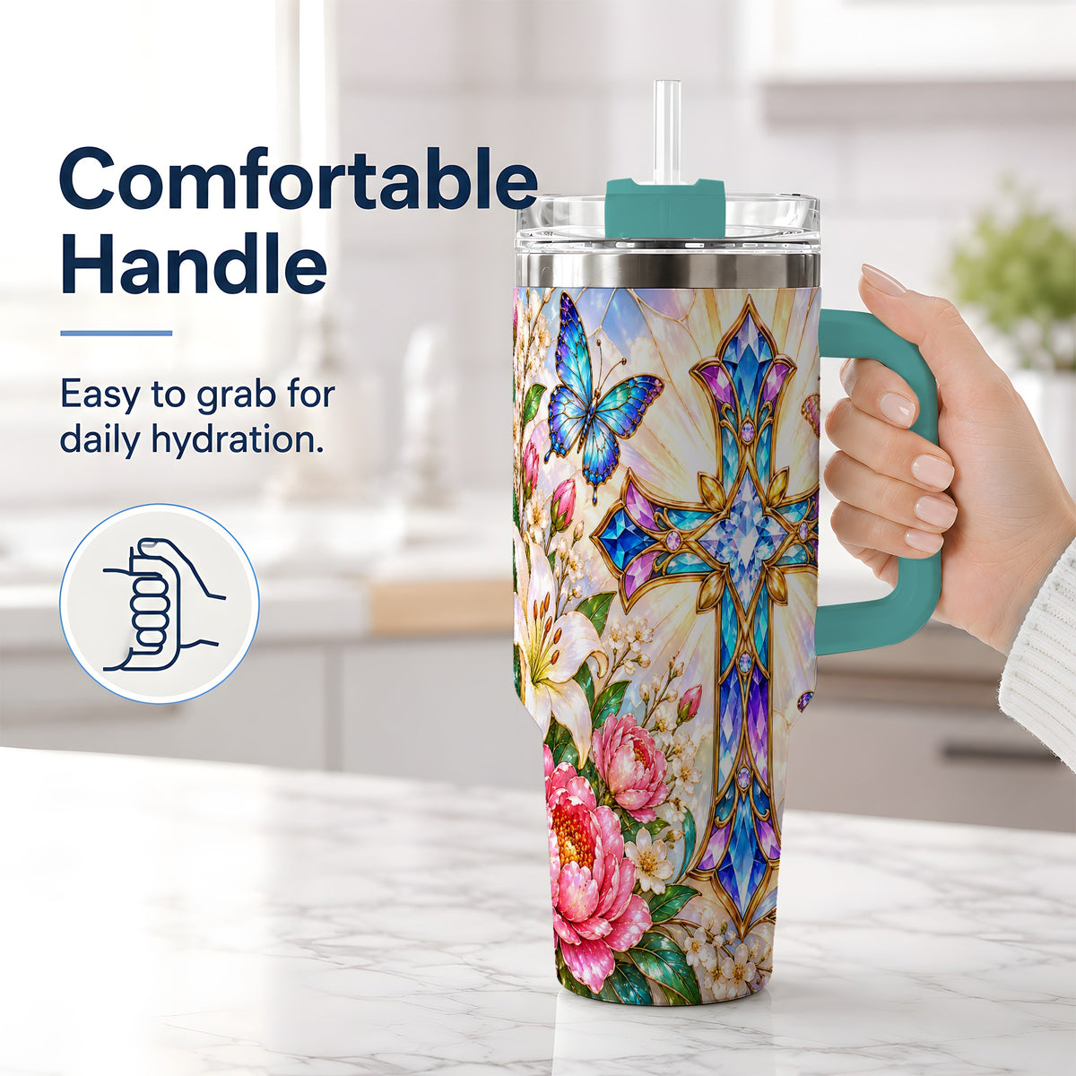 #pl[40oz|Green] Butterfly Cross Tumbler, 40oz Tumbler with Floral Lily Artwork