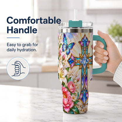 #pl[40oz|Green] Butterfly Cross Tumbler, 40oz Tumbler with Floral Lily Artwork