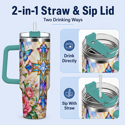 #pl[40oz|Green] Butterfly Cross Tumbler, 40oz Tumbler with Floral Lily Artwork