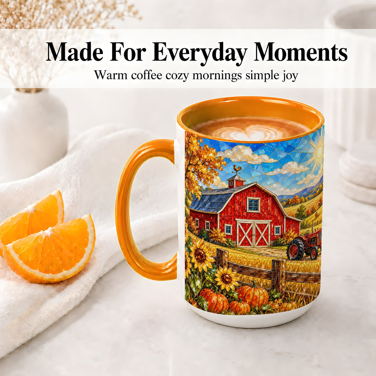 #pl[15oz|Orange] Autumn Farm Barn Accent Mug, Mug with Tractor Harvest Artwork